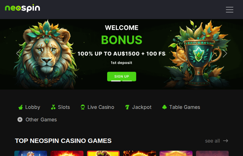 Neospin casino homepage screenshot