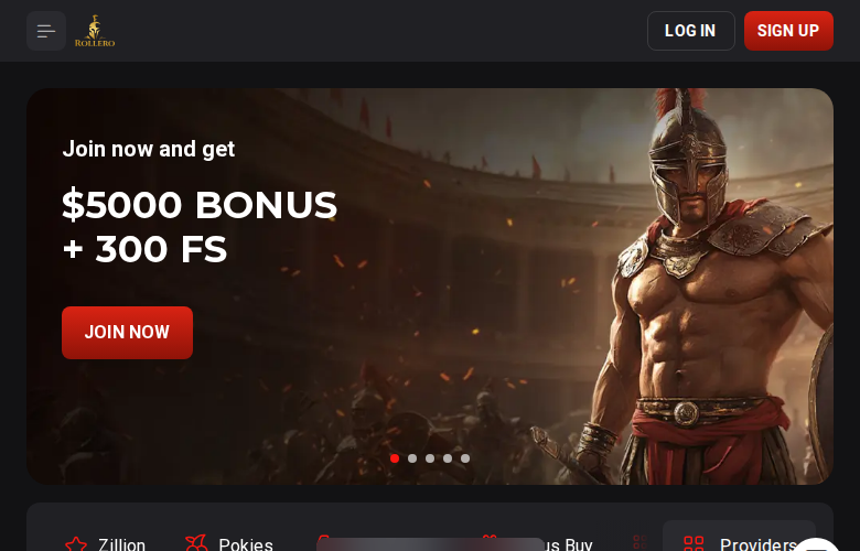 Rollero casino homepage screenshot